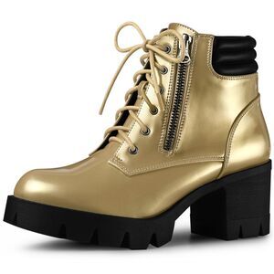 Platform Ankle Boots Lace Up Chunky Heel Gold Combat Boots